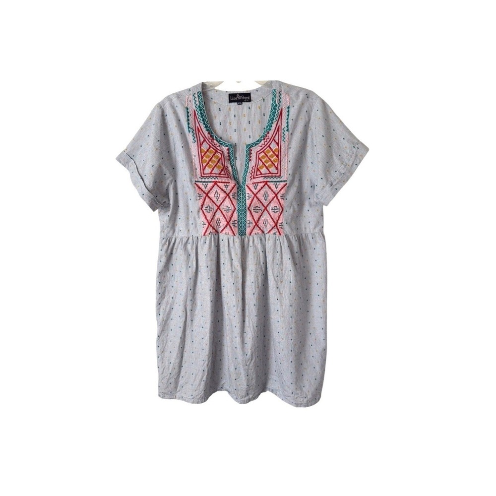Liza Byrd Embroidered A-Line Mini Dress Colorful Polka Dots Cotton Short Sleeves
